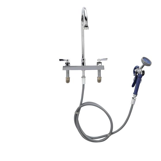 Picture of Encore® 8" OC Deck Mount Veterinary Faucet 96" Braided Hose with Lightweight Aluminum Side Sprayer and 4" Wrist Blade Handles