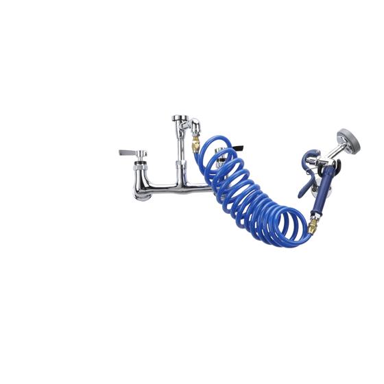 Picture of Encore 8" OC Wall Mount Veterinary Faucet with 108" Blue Coiled Hose, Vacuum Breaker and Lightweight Aluminum Side Sprayer