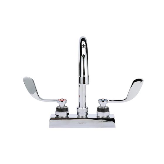 Picture of Encore 4" OC Deck Mount Faucet Ceramic Valves with 6" Swivel Gooseneck Spout and 4" Wrist Blade Handles, retail Packaging