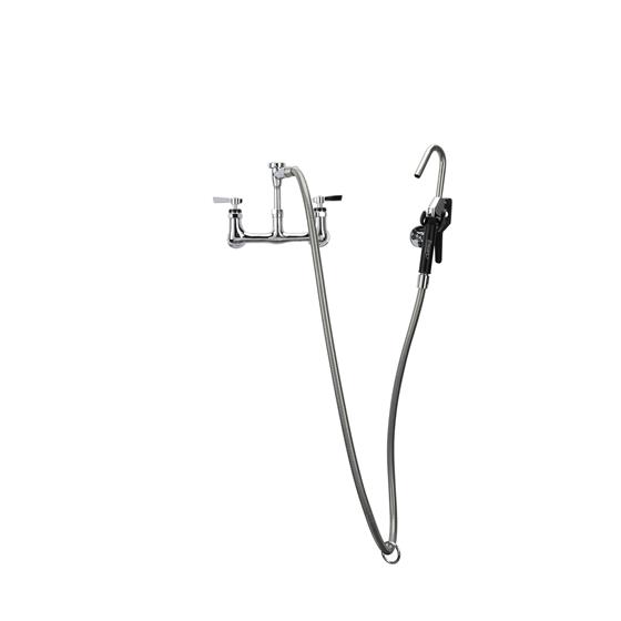 Picture of Encore® 8" OC. Brass Chrome Plated Wall Mount Pot Filler Assembly Hooked Spray Head  Vacuum Breaker and 72" Hose