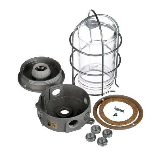 Picture of 100W 120VAC Brushed Aluminum Surface Mount Incandescent Refrigeration Light With Clear Glass Globe And Wire Guard