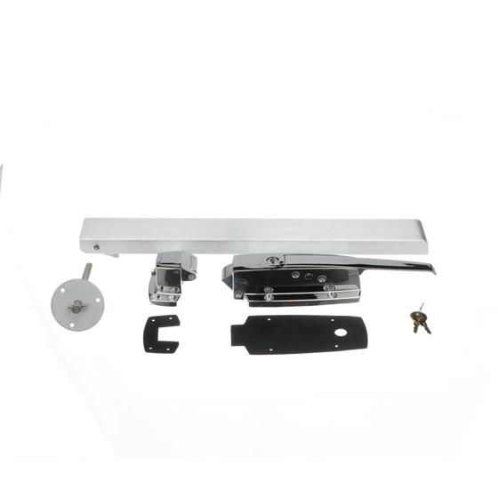 Picture of -1/8 to 3/8" Offset Stainless Steel Heavy Duty Walk-In Cooler Door Safety Latch with Lock, Strike, Gaskets and Panic Bar  Inside Release