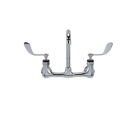 Picture of Encore® 8" OC. Brass Chrome Plated Wall Mount Faucet Ceramic Valves with 3-1/2" Rigid Gooseneck Spout 4" Wrist Blade Handles