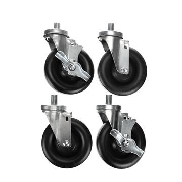 Picture of Caster Kit, Medium Duty 3/4-10 x 1" Threaded Stem Caster With 5" Black Polyolefin Wheel, 2 Brake And 2 Non-Brake In Retail Box