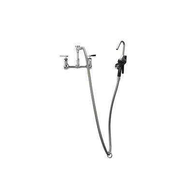 Picture of Encore® 8" OC. Brass Chrome Plated Wall Mount Pot Filler Assembly Hooked Spray Head  Vacuum Breaker and 72" Hose