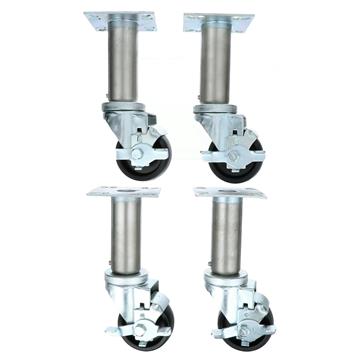 Picture of Caster Kit, 8-1/2" OA Medium Duty 3-1/2" Square Plate Adjustable Caster Leg With  3" Black Polyolefin Wheel, 2 Brake And 2 Non-Brake In Retail Box