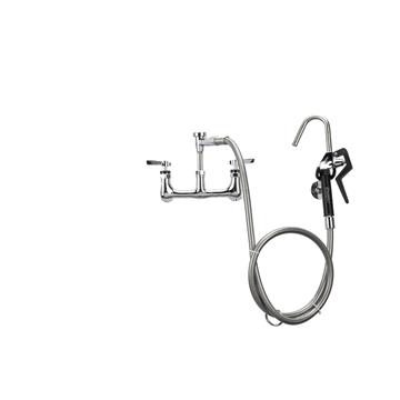 Picture of Encore® 8" OC. Brass Chrome Plated Wall Mount Pot Filler Assembly Hooked Spray Head Ceramic Valves Vacuum Breaker and 72" Hose