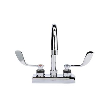 Picture of Encore 4" OC Deck Mount Faucet Ceramic Valves with 6" Swivel Gooseneck Spout and 4" Wrist Blade Handles, retail Packaging