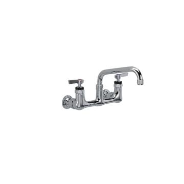 Picture of Encore® 8" OC. Brass Chrome Plated Wall Mount Faucet with 8" Swivel Spout Lever Handles and Retail Packaging