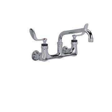 Picture of Encore® 8" OC. Brass Chrome Plated Wall Mount Faucet with 8" Swivel Spout 4" Wrist Blade Handles, Retail Packaging
