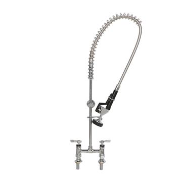 Picture of Encore®  4" OC Brass Chrome Plated Elevated Deck Mount Pre-Rinse with Wall Bracket, Retail Packaging