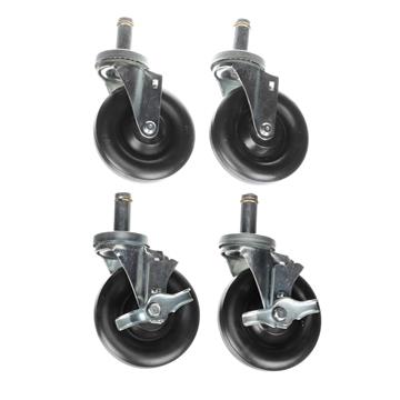 Picture of Caster Kit, Medium Duty .846" x 2-3/4" Spring Ring Stem Caster With 5" Black Polyolefin Wheel, 2 Brake And 2 Non-Brake With Bumpers In Retail Box